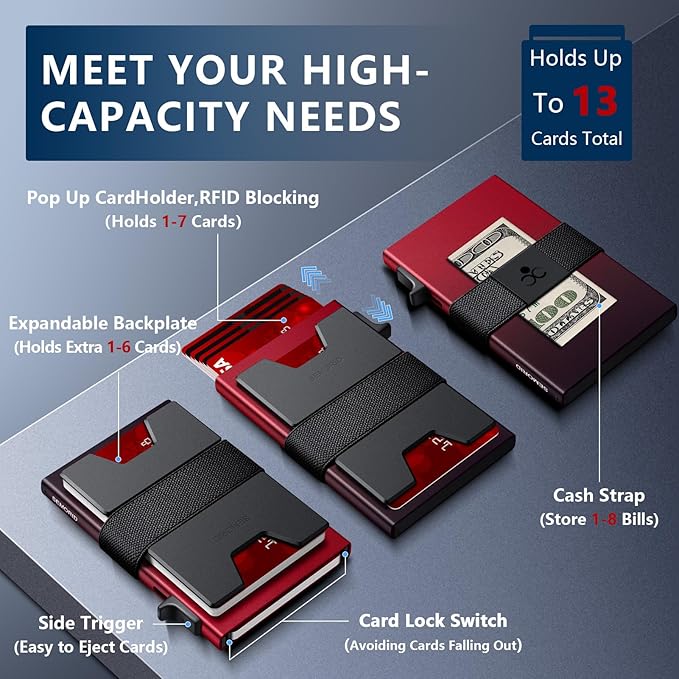 SEMORID Slim Aluminum Card Holder Wallet for Men, Durable Expandable Backplate, RFID Blocking Minimalist Metal Pop Up Wallet, Holds 12+ Cards Plus Cash