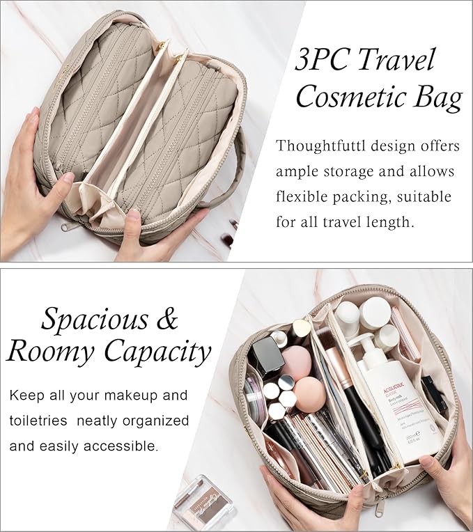 Travel Makeup Bag, 3 Pcs Large Capacity Puffy Toiletry Bag for Women, Open Flat Quilted Make up Cosmetic Organizer w/Handle & Clear Divider Water-resistant Portable Pouch Travel Essentials, M-Oatmeal