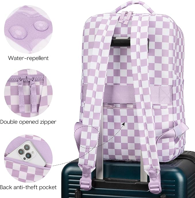 Checkered Backpack for Women Fashion Backpacks with Laptop and Multi Compartment for Travel and Work Light Purple Check