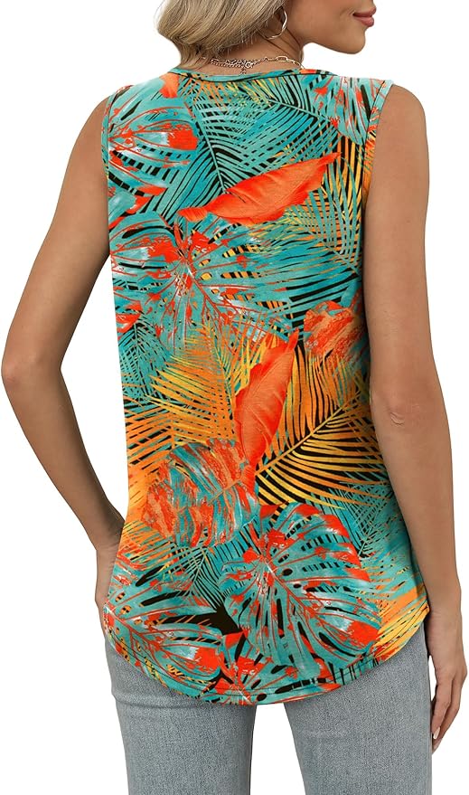 OFEEFAN Tank Top for Women Loose Fit Sleeveless Shirts V Neck Summer Clothes Ruched Women's Tees and Tanks Curved Hem