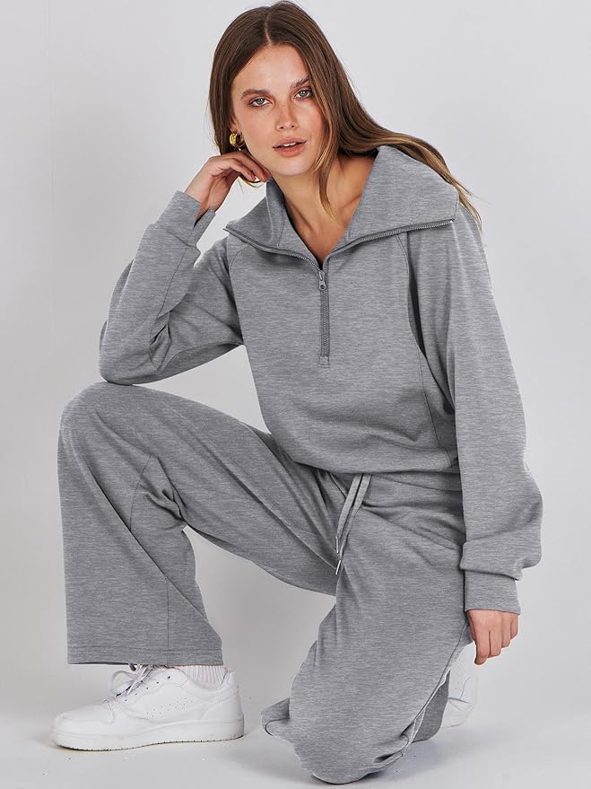 ANRABESS Women 2 Piece Outfits 2025 Fall Fashion Airport Wide Leg Pants Lounge Set Leisure Travel Vacation Clothes Sweatsuits