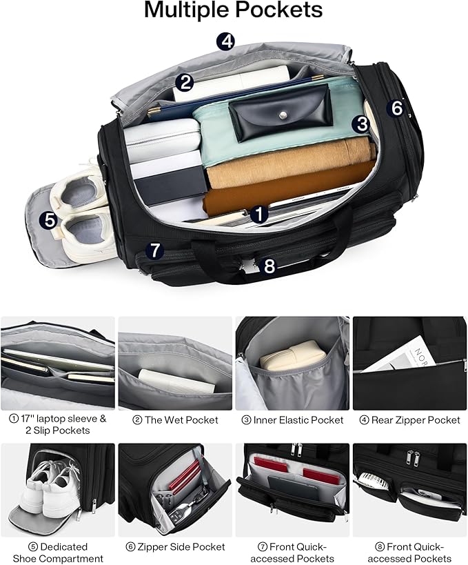MILADA Carry On Luggage Bags for Travel Lightweight Personal Item Travel Bag Foldable Large Duffle Bag for Travel Tote Overnight Bags for Women Mens Weekender Bags, Black