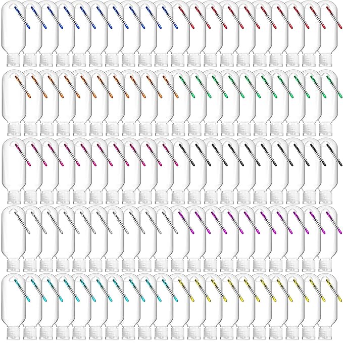 FairySandy 100 Pcs Traveling Bottles with Keychain 2oz Clear Plastic Hand Sanitizer Holder Keychain Empty Refillable Liquid Packing Container Squeeze Plastic Bottle with Lid,Rectangle