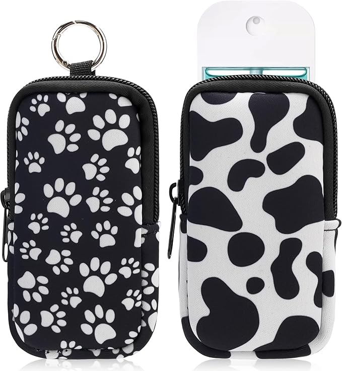 KJQJLY 2 Pack Hand Sanitizer Holder Pouch, Zippered Portable Sanitizer Case with Cute Pattern, Keychain D-Ring for Purse, Backpack & Travel