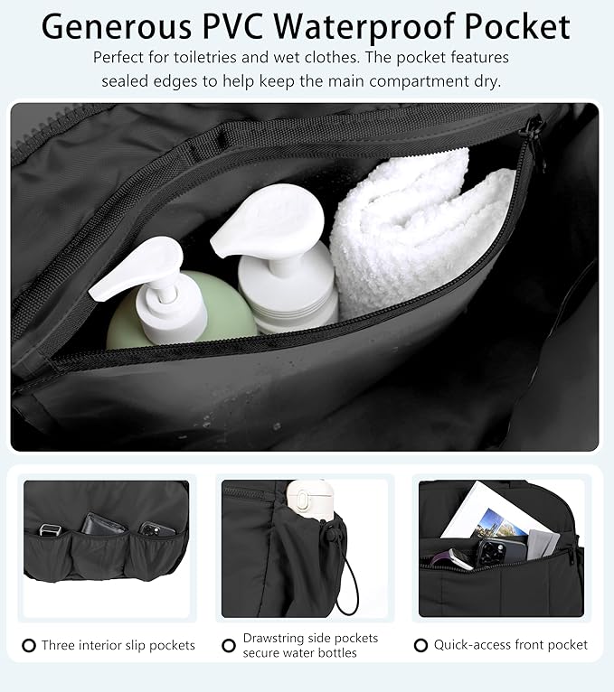 Lightweight Travel Duffle Bag for Women, Quilted Puffy Weekender with Wet Pocket for Gym, Overnight, Personal Item Carry On, Black