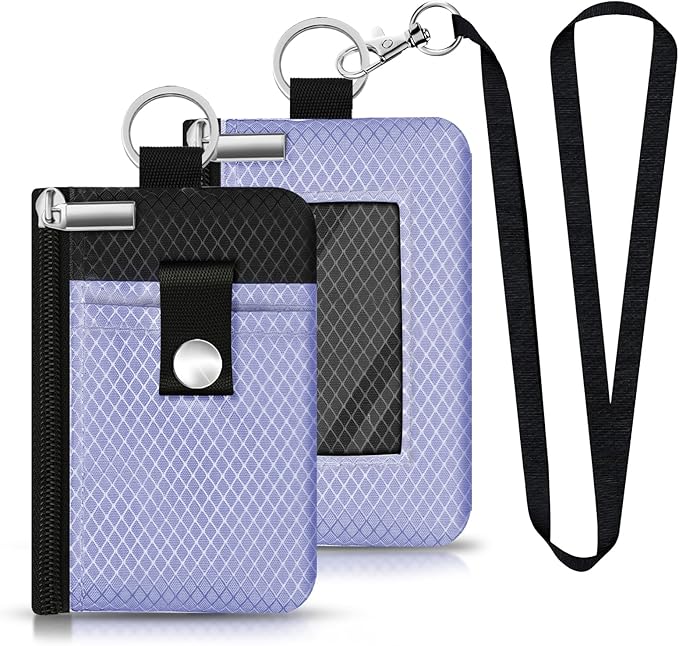Minimalist RFID Blocking Small Wallet with ID Window,WaterResistant Zip Id Case Wallet with Lanyard Keychain for Cards,Cash,Travel,Women,Men (Lavender Purple/Black)