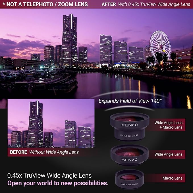 Xenvo Pro Lens Kit for iPhone and Android, Macro and Wide Angle Lens with LED Light and Travel Case Black