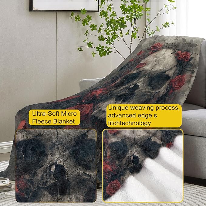 Skull Rose Blanket, Horror Skulls Flannel Throw Blankets,Soft Warm Lightweight Cozy Plush Skull Throws for Bedroom Sofa Office Home Decor for Adults Men 60"x50"