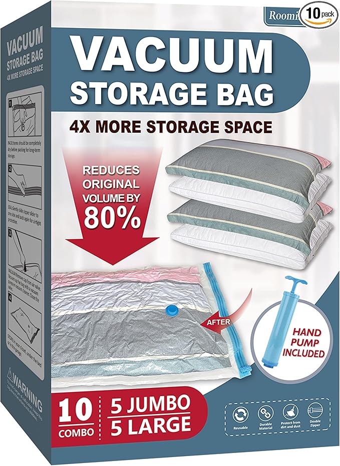 Roomimaster Vacuum Storage Bags, Vacuum Seal Space Saver Bags for Clothing, Travel Lugggage, Carry-on, Blankets, Comforters, Pillow, Bedding, 10 Combo