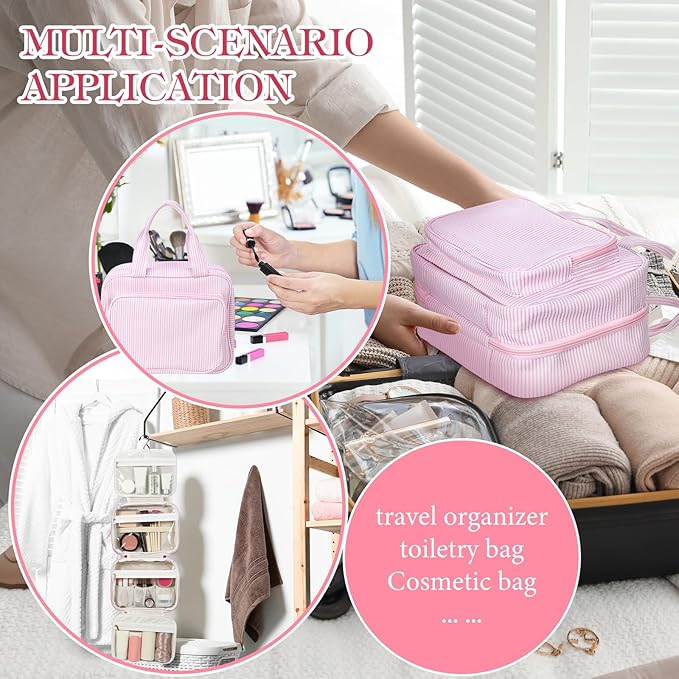 Huhumy Hanging Toiletry Bag for Women with Detachable Pouch, Travel Toiletry Bag, Travel Size Toiletries, Cosmetic Bags, Seersucker Makeup Bags Gifts for Her Mom Girlfriend Wife Teacher(Pink)