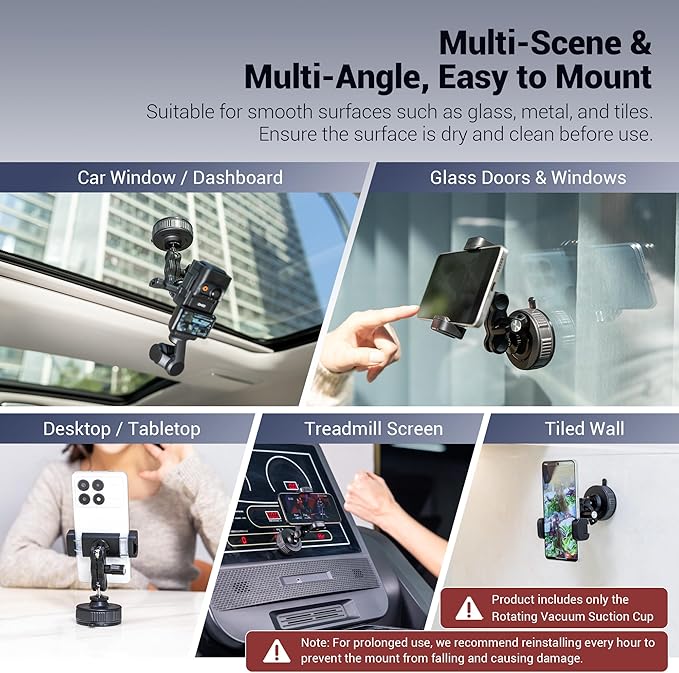 JJC Portable Camera Suction Cup Mount with 1/4" Female Hole, Twist-Lock Vacuum Suction Mount Compatible with DJI Pocket 4/3, Action 6/5 Pro/4, Gopro Hero 13, Insta360 X5 & Phones for Video Recording