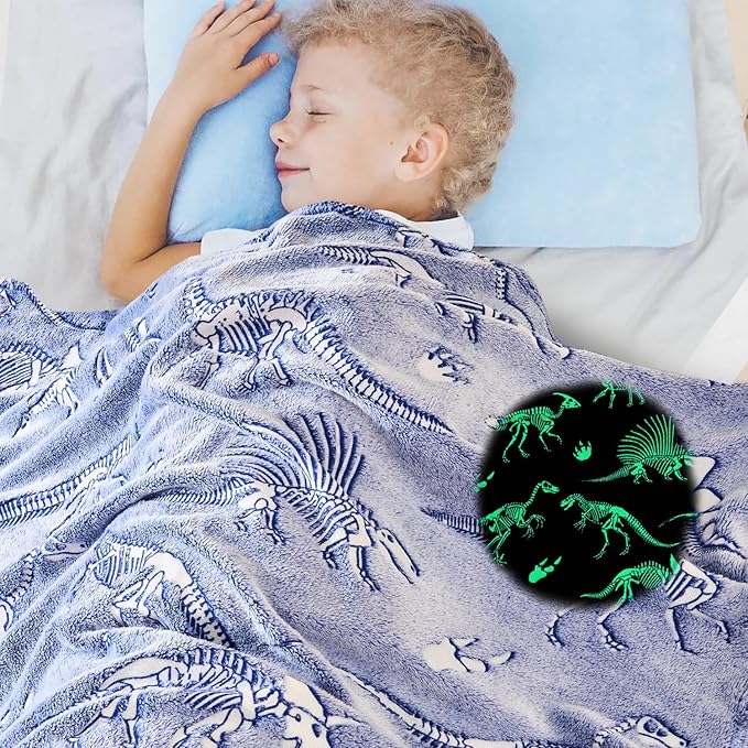 Wajade Dino Gifts Toys for Boys Girls - Glow in The Dark Dinosaur Blanket Birthday Christmas Decor for Kids Age 3 4 5 6 7 8 9 10 11 12 Years Old Teens Child Toddler Throw Blue 50"x60"