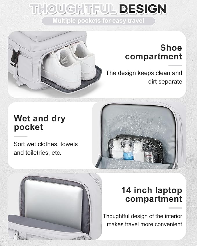 VECAVE Carry On Backpack for Women, Airline Approved Personal Item Large Travel Backpack Flight Approved, Waterproof Laptop Bag Business Work Gym Backpacks Men Grey Mochila De Viaje
