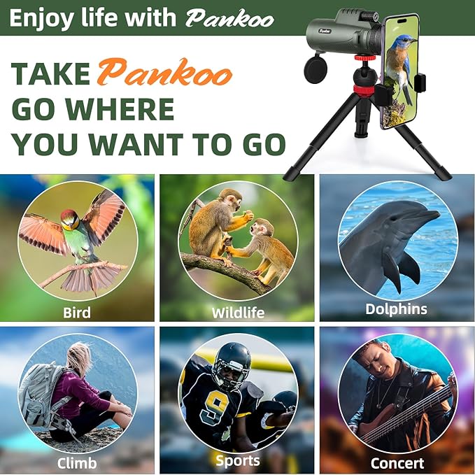 Pankoo 40X60 Monocular Telescope with Smartphone Holder & Upgraded Tripod, 2025 BAK4 Prism FMC Monoculars for Adults, HD Monocular Scope for Bird Watching Hiking Concert Camping Travelling