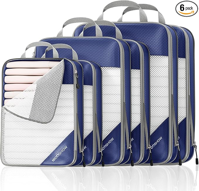 NICOSHOW 6 Set Compression Packing Cubes for Travel - Compressible, Lightweight, and Space-Saving Packing Cubes, Travel Essentials for Women, Navy