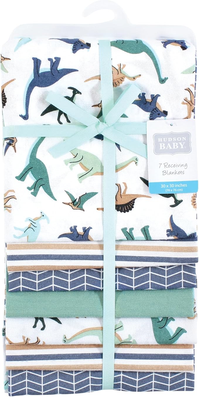 Hudson Baby Unisex Baby Cotton Flannel Receiving Blankets 7-Pack Bundle, Dino Friends, One Size