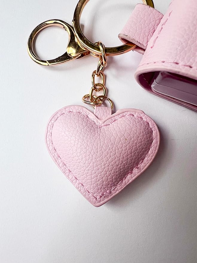 Keychain Travle Size Empty squeeze Bottle Holder for 1oz of Shampoo, Lotion, Soap or Hand Sanitizer in vegan leather. (Heart, Pink), Small