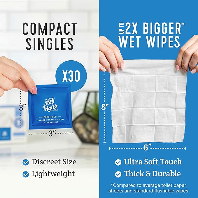 Stall Mates Witch Hazel: Flushable Wipes, Individually Wrapped, Travel Friendly, Soothing Witch Hazel, Unscented with Cucumber, Aloe and Chamomile, (30 on-the-go singles)