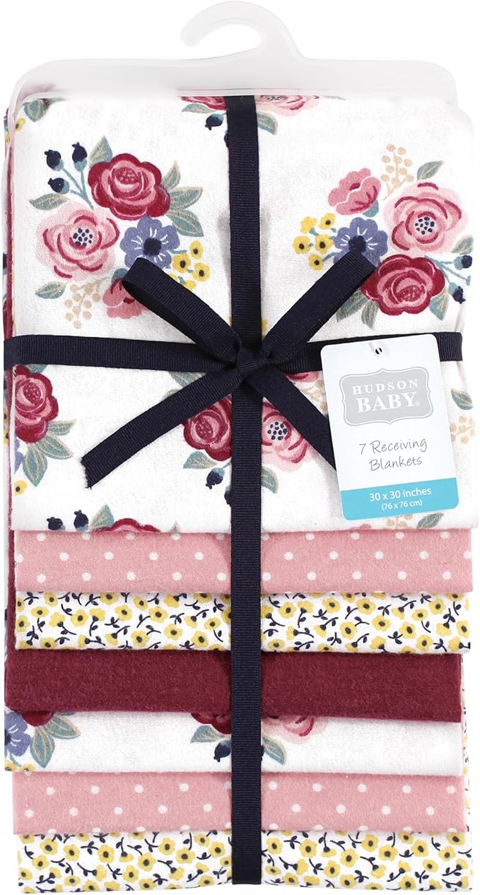 Hudson Baby Unisex Baby Cotton Flannel Receiving Blankets Bundle, Blush Navy Floral, One Size