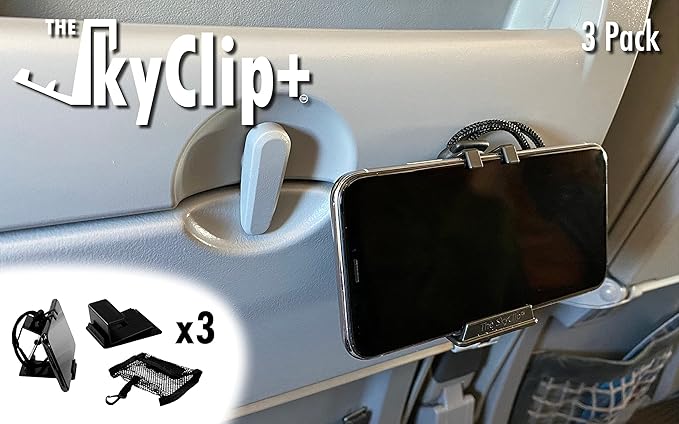 The SkyClip+ Phone & Tablet Holder for Air Travel, Home and Office Use - Inflight Phone Mount & Stand Compatible with iPhone, Android, Kindle and Tablets - Travel Accessory (Black, 3 Pack)
