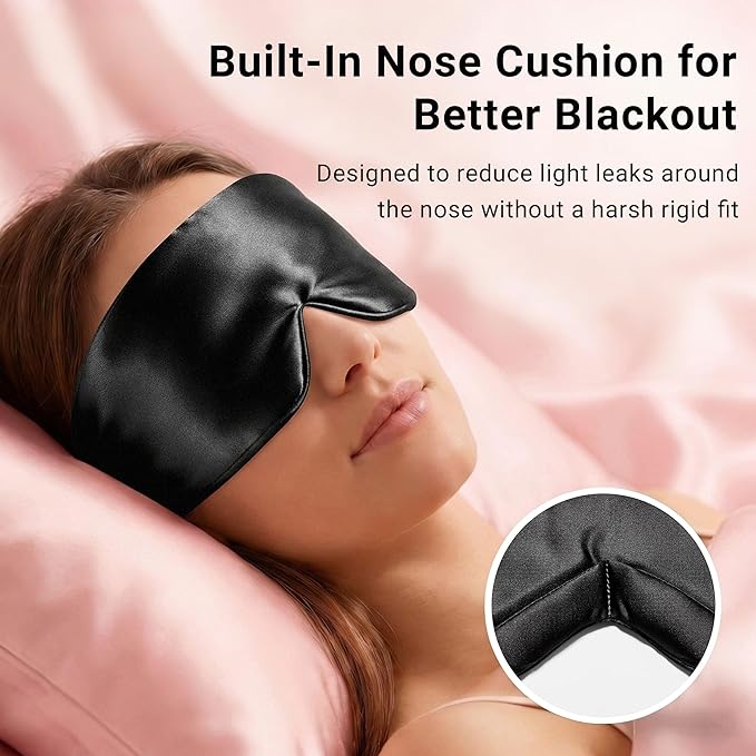 Silk Sleep Mask for Side Sleepers, Face-Hugging Padded Eye Cover, Eye Mask for Sleeping Women Men, with Upgraded Nose Bridge Fit, Soft Light Blocking Mask for Travel, Naps & Shift Workers (Black)