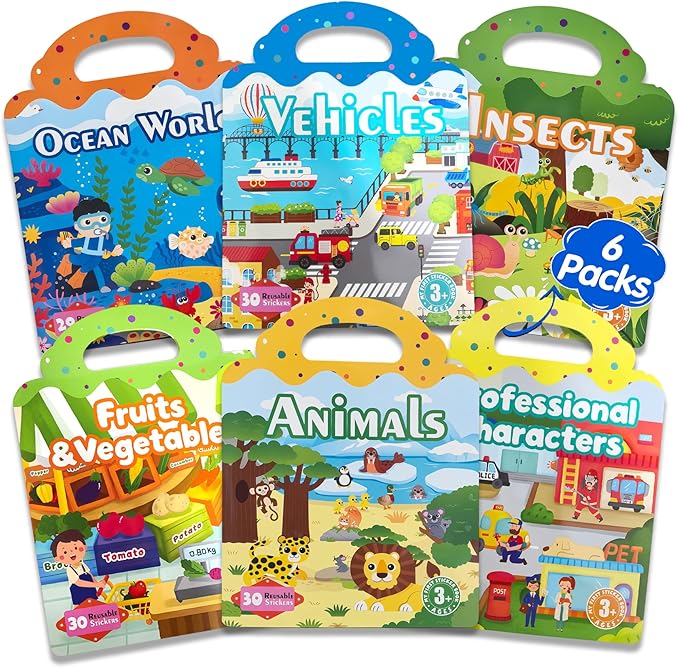 6 Sets Reusable Sticker Book for Kids, Puffy Jelly Stickers for Toddlers, Travel Essentials Craft Activities Toys for Boys Girls Birthday Gifts