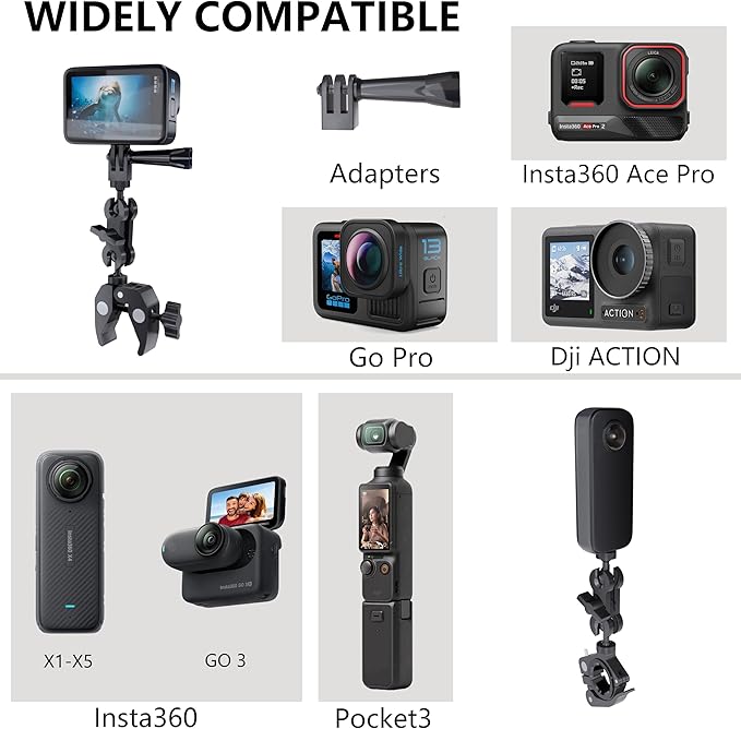 360 Motorcycle Mount Kit, Universal Adjustable Motorcycle Camera Mount for Motorcycle Handle, Compatible with Insta360 X4 X5 Accessories, Bike Mount for GoPro Camera