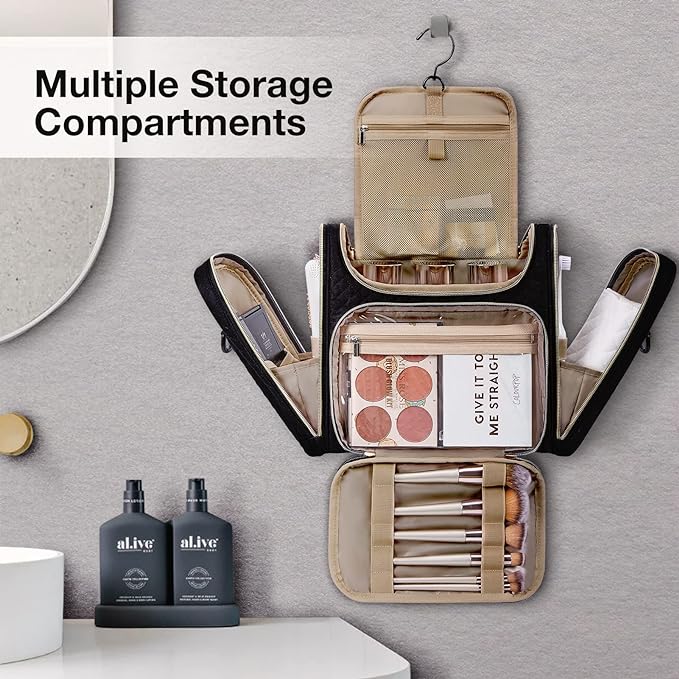 BAGSMART Toiletry Bag, Travel Toiletry Bag for Women, Water-resistant Cosmetic Makeup Bag, Large Capacity Door Room Essentials Travel Organizer for Full Sized Toiletries and Cosmetics, Black