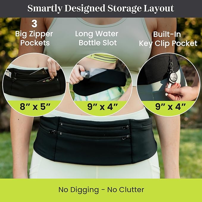 StashBandz Adjustable Running Belt - 3 Zippered Pockets + Water Bottle Holder, No-Bounce Travel Money Belt, Sports Fanny Pack, Waist Pack with Key Clip, Fits Any Size Phone, Passport & More