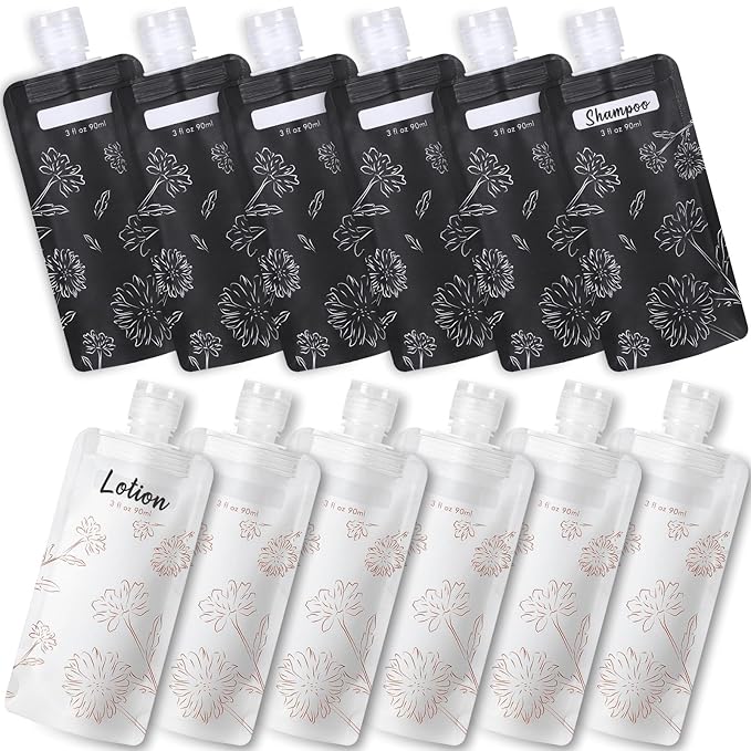 PACKISM 12 Pack Travel Pouches for Toiletries - 3 oz Leak Proof TSA Approved Liquid Containers, Squeeze Bags for Shampoo Lotion, Space Saving Refillable Carriers, Black Beige Chamomile