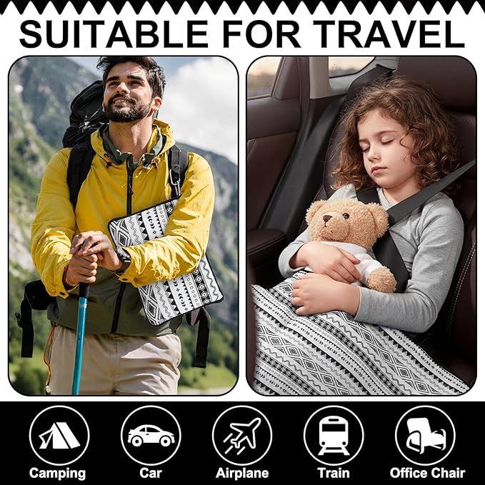 Gilprop Boho Travel Blanket Airplane Compact with Bag 2 in 1 Soft Boho Fleece Travel Blanket and Pillow Set with Luggage Sleeve Backpack Clip Compact Lightweight Airplane Essentials for Spring Summer
