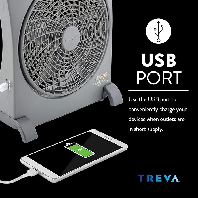 O2COOL Treva 10 inch Rechargeable Portable Fan Smart Power Air Circulator. Plug-In AC Adapter and Battery Powered, USB Charging Port, For Camping Travel and Indoors Use