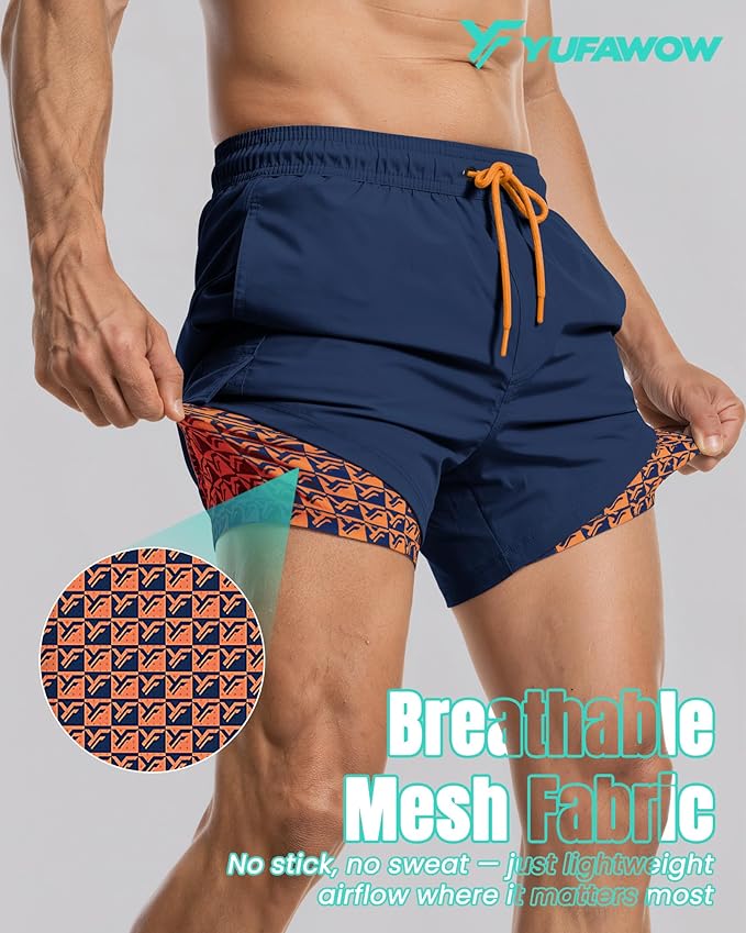 Men Swim Trunks with Compression Liner Quick Dry Breathable Multi Pockets for Summer Beach Cruise Water Park