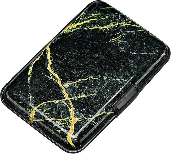 ELFISH Mini RFID Aluminum Wallet Credit Cards Holder Business Card Case Metal ID Case for Men Women (Black Marble)