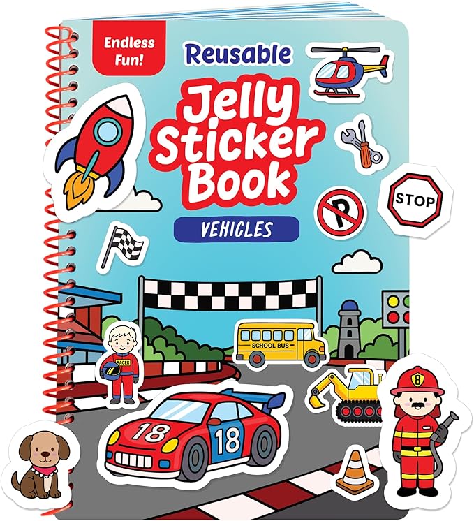 Reusable Sticker Book - Vehicles Stickers for Toddlers & Kids 3-5: Boys Easter Basket Stuffers & Easter Basket Essentials - Fun Activity in Airplane & Cars, Jelly Sticker Books for Toddlers 1-3 2-4
