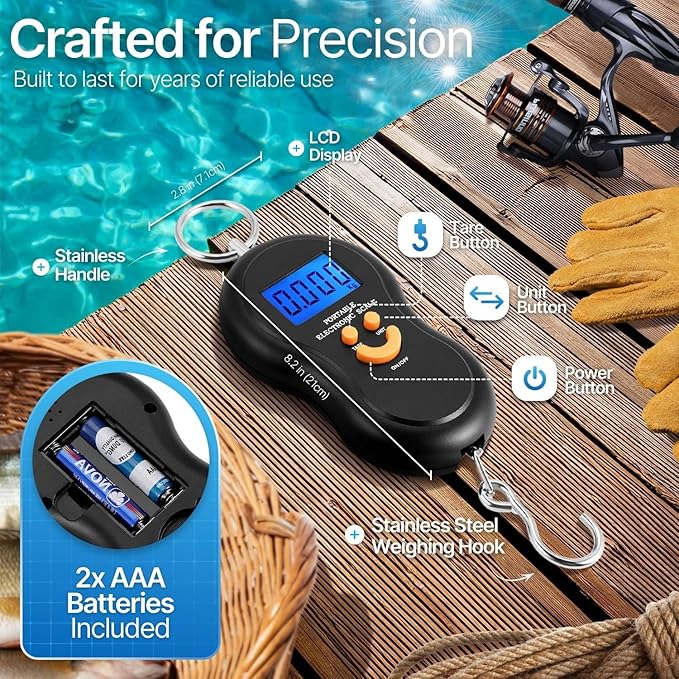 Flexzion Digital Hanging Scale – 110lb/50kg Portable Luggage Scale, and Fish Scale with Electronic Backlight LCD, Stainless Steel Hook, 2 AAA Included