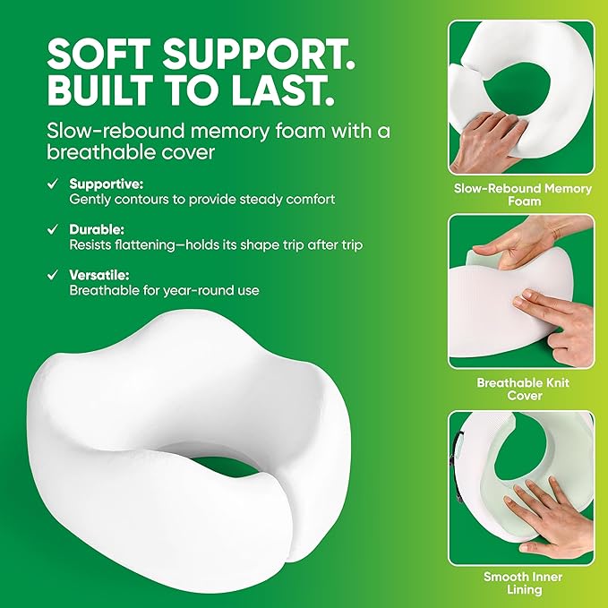 Memory Foam Travel Neck Pillow for Airplane Travel, Head and Chin Support, Adjustable Strap, Washable Cover, Carry Case