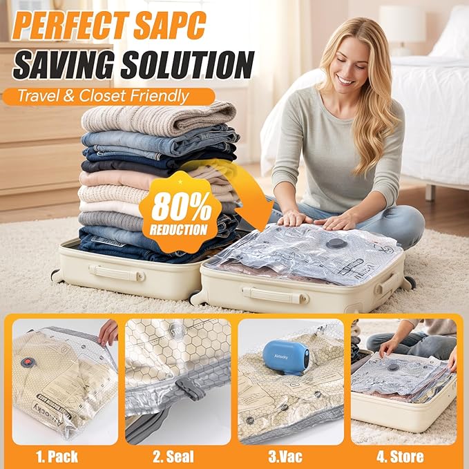 Travel Vacuum Storage Bags with Pump, 16 Pack Carry-on Compression Packing Bags + Portable Electric Pump, 80% Space Saver of Clothes, Vacuum Seal Bags for Clothing Travel Luggage