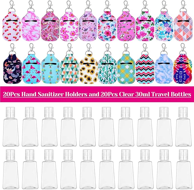 shynek Hand Sanitizer Holders, 40pcs Empty Travel Size Bottle and Keychain Holders Set Include 20pcs Flip Cap Reusable Bottles, 20pcs Reusable Bottles Keychain Carriers for Hand Sanitizer