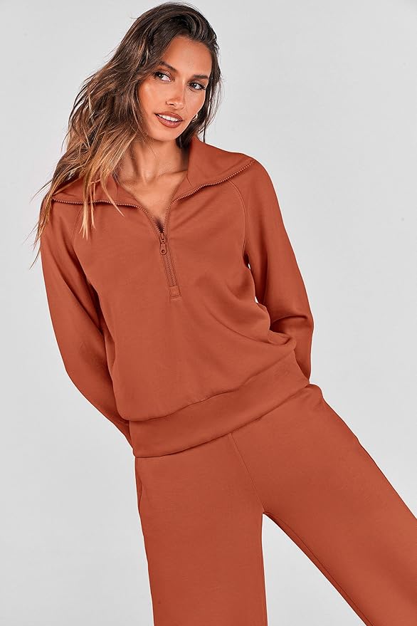 PRETTYGARDEN Women's 2 Piece Outfits Casual Lapel Half Zip Sweatshirts and Wide Leg Pants Tracksuit Sets