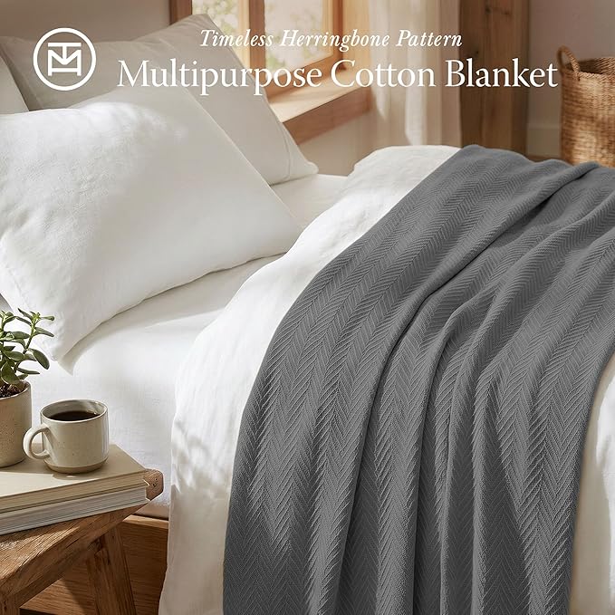 Threadmill Luxury Cotton Blankets for King Size Bed | All-Season Cozy 100% Cotton King Size Blanket | Herringbone Soft Fall Thermal Blanket fits California King Size Bed | Dark Grey