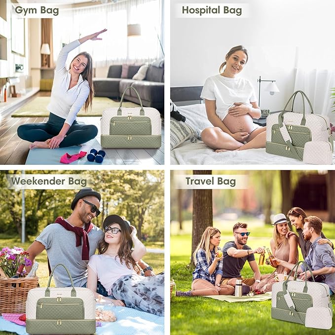 Travel Duffle Bag Weekender for Women - Carry-On Overnight Bag Personal Item Bag with Shoe Compartment & Wet Pocket Large Weekend Tote Bags with Toiletry Bag Hospital Bags for Labor and Delivery