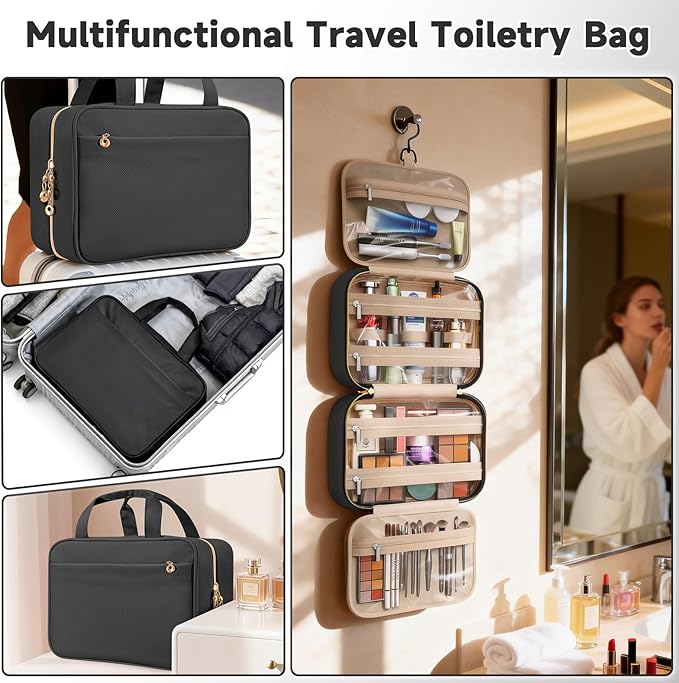 Travel Toiletry Bags, Portable Travel Bag with Hanging Hook for Women, Waterproof and Hanging Makeup Bag Travel Organizer Accessories for Travel Essentials (Black, Medium)