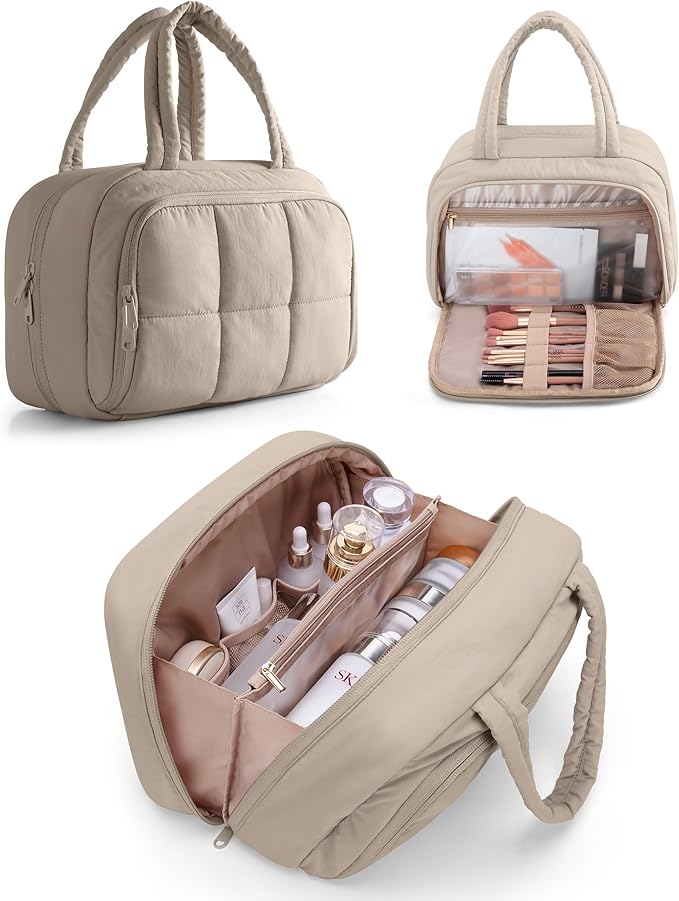 Marscamd Travel Makeup Bag for Women, Puffy Cosmetics & Toiletry Organizer with Leakproof Pockets for Travel-Size Shampoo, Conditioner, Brushes & Essentials - Medium Size, Khaki (Bag Only)