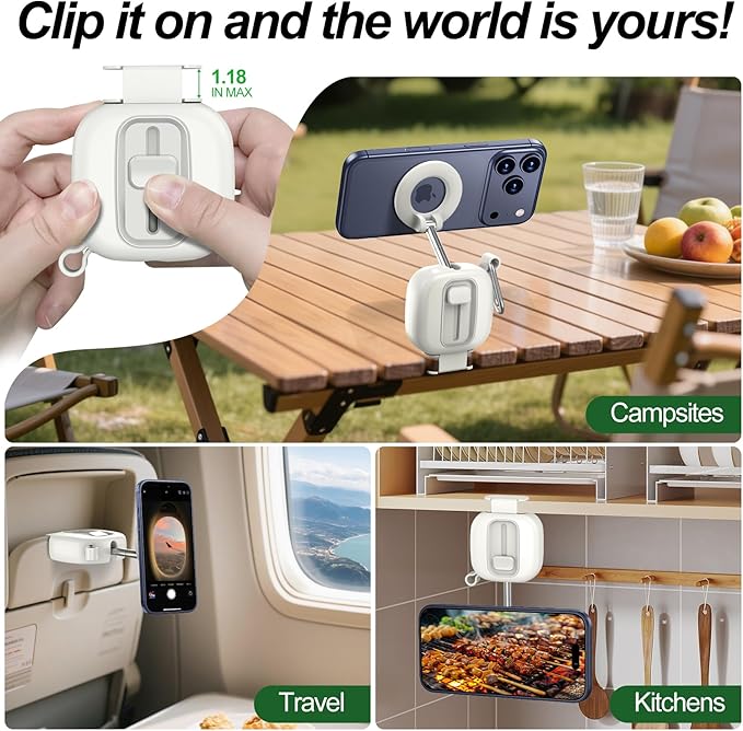 xiwxi Magnetic Airplane Phone Holder with Carabiner Clips - 360° Rotation Phone Mount for Tray Table & Desk, Universal Phone Stand for iPhone, Galaxy, Travel Essentials & Airplane Gadgets
