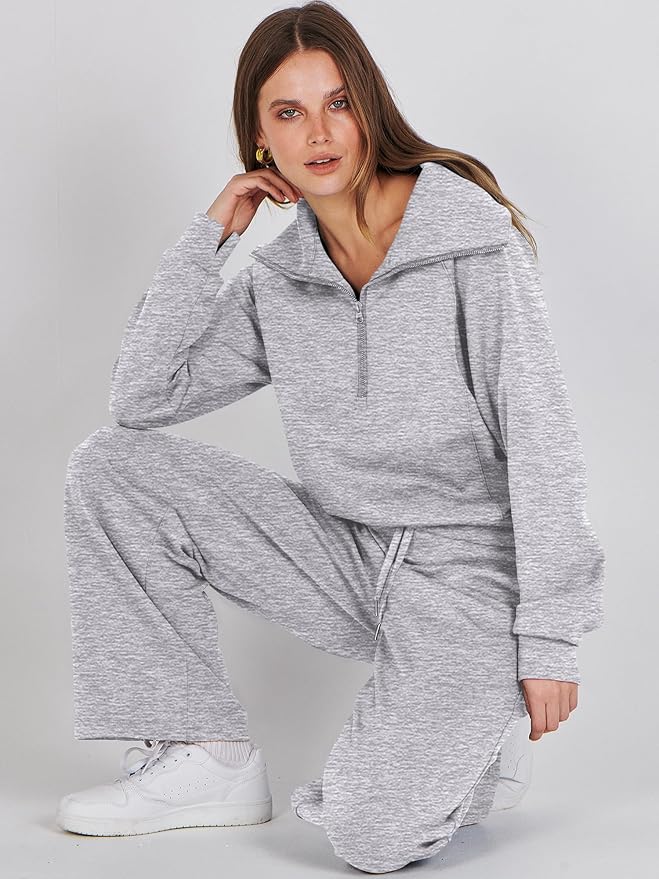 ANRABESS Women 2 Piece Outfits 2025 Fall Fashion Airport Wide Leg Pants Lounge Set Leisure Travel Vacation Clothes Sweatsuits