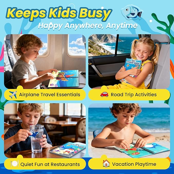 Ocean Reusable Sticker Book for Toddlers, DIY Make-a-face Animals Jelly Fun 3D Stickers, Washable Puffy Stickers for Kids Toys, Airplane Road Trip Travel Activities Essentials for Kids 3 4 5 Years