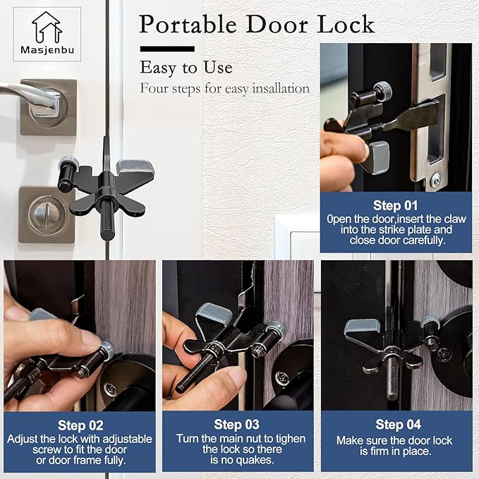 4 Pack Adjustable Portable Door Lock, Hotel Door Locks for Travelers, Prevent Unauthorized Entry, Door Stoppers Security for Travel Bedrooms Apartment Airbnb Dorm, with Silicone Caps
