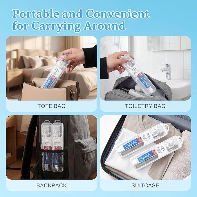 Travel Toothbrush Kit Includes Travel Toothbrushes, 25g Travel Toothpaste, 5 Floss Picks, Storage Case, Individually Packaged, Suitable for Home, Travel, and Hotel Use (4-Pack)