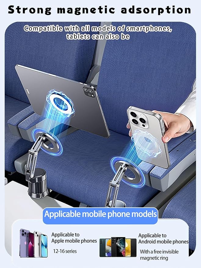 Airplane phone holder,Aluminum phone stand ,Travel Essentials Phone Holder for Magnetic,1080°Degree Rotation,Clamping device for free hands，vacuum magnetic phone stand,Accessories Compatible with All